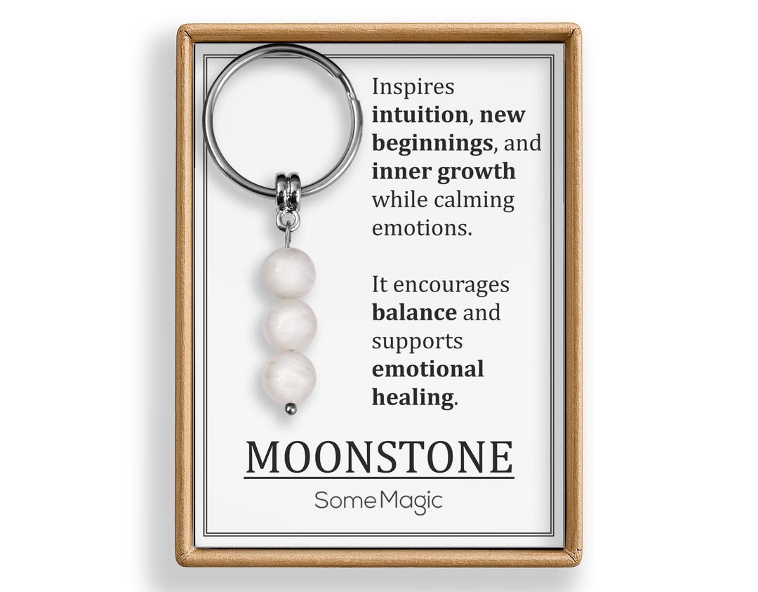 Moonstone Gemstone Keychain With Meaning Card - White Mineral Crystal ...
