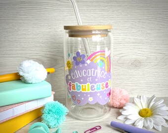 Educative and fabulous glass can with bamboo lid and straw, daycare, cup, gift, end of year