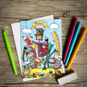Cartes merci , professeur, école, jardin, grandir, fin année