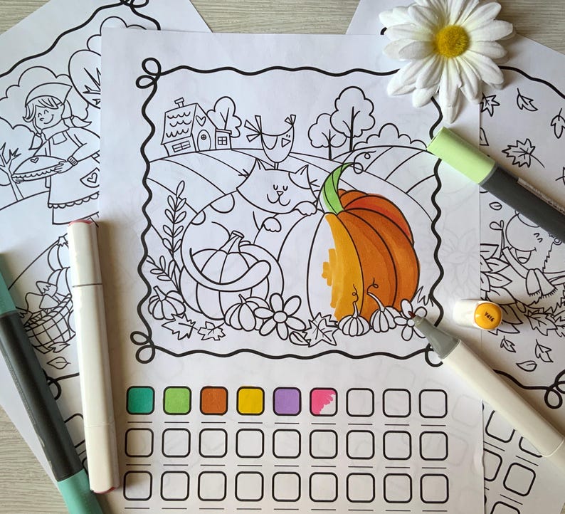 Fall Colorl Sharpies Cozy Autumn Coloring Pages Set to Print, 20 Illustrations, Relaxing ...