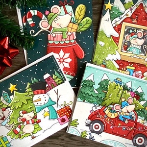 ensemble 8 cartes de Noel thème souris, bonhomme neige,mitaine,friandises ,neige