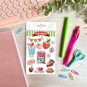 Glossy vinyl sticker sheet, strawberry theme, cake, jam, illustrations stickers