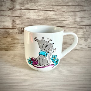 small porcelain coffee cup with gray cat, I love cats, turquoise, ball of purple wool