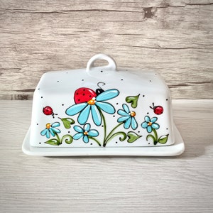 Ceramic butter dish with ladybugs and turquoise flowers, polka dots