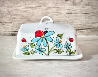 Ceramic butter dish with ladybugs and turquoise flowers, polka dots
