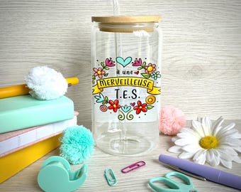 Glass can, to a wonderful T.E.S., with bamboo lid and straw, thank you, school, mug, gift, end of year