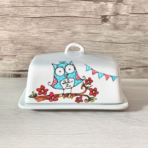 butter dish owl flowers red