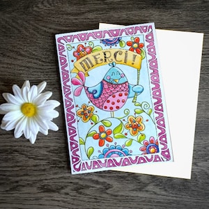 Cartes merci , oiseau, remerciements , jardin, fleurs