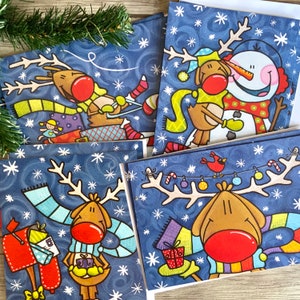 ensemble 8 cartes de Noël thème pain de renne au nez rouge, Noël , traîneau,bonhomme neige, amusant