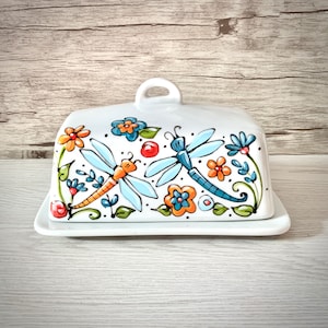 Ceramic butter dish dragonflies turquoise and orange flowers