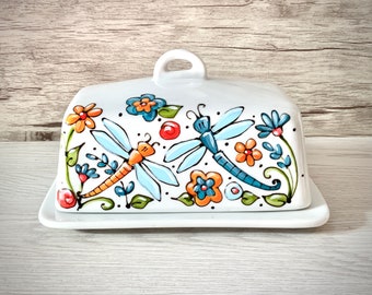 Ceramic butter dish dragonflies turquoise and orange flowers