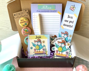 Gift box for teacher, customizable message, owl, school items, teacher, notepad, magnet, pencil, bookmark, sticker