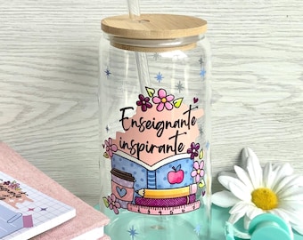 Verre canette enseignante inspirante avec couvercle en bambou et paille, professeur , tasse, école, cadeau, fin des classe, bleu,pêche