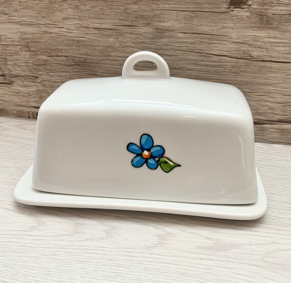 Beurrer en céramque nor et blanc, beurrer artsanal fleurs pent