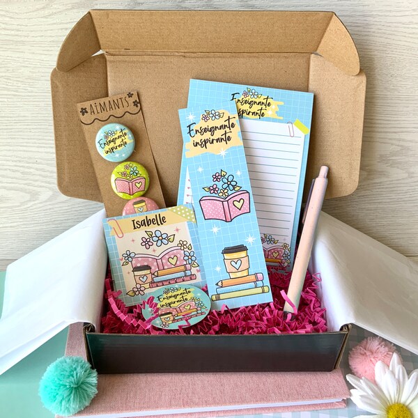 Gift box for teacher, customizable message, in French, coffee, teacher, notepad, magnet, pencil, bookmark, sticker,