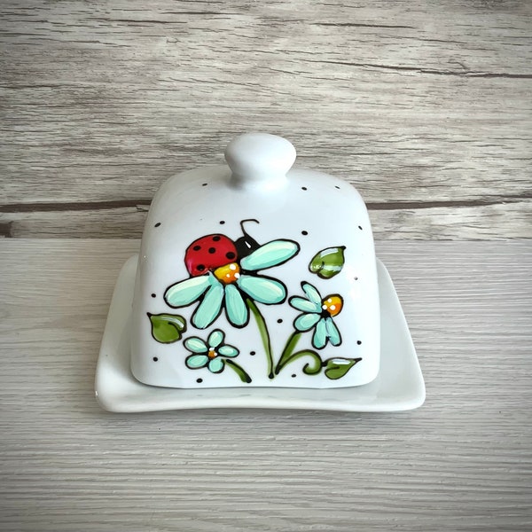 Small square ceramic butter dish hand painted with ladybugs and turquoise flowers, polka dots