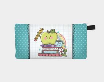 etui à crayons, trousse à crayon, ou trousse maquillage super prof, ecole, pomme, bleu, cadeau pencil case