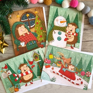 ensemble 8 cartes de Noël thème hérisson , bonhomme de neige,oiseau,traîneau ,renne,couverture ,neige