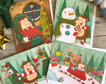 set of 8 Christmas cards with hedgehog theme, snowman, bird, sleigh, reindeer, blanket, snow