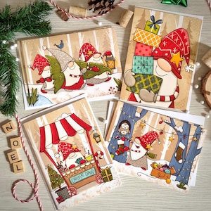 ensemble 8 cartes de Noel thème gnomes, foret, animaux,lutins ,neige,sapin, chocolat chaud