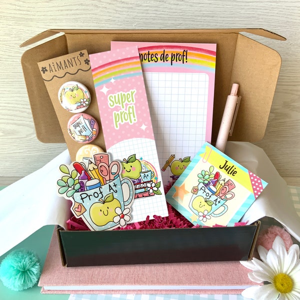 Boîte cadeau pour professeur, message personnalisable , pomme, items scolaires, enseignant, bloc note, aimant, crayon, signet,autocollant