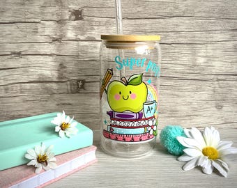 Teacher can glass with bamboo lid and straw, super teacher, cup, school, gift, end of class