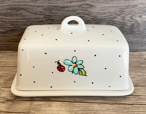 Ceramic Butter Dish With Ladybugs and Turquoise Flowers, Polka - Main Image