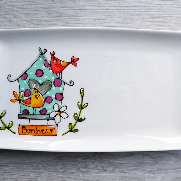 Assiette porcelaine rectangle  cabane oiseaux, turquoise, pois mauve, bonheur,fleuilles