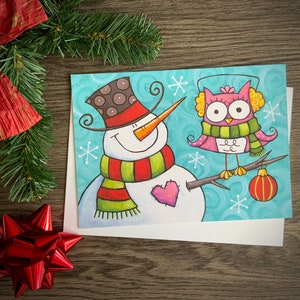 Christmas cards owl theme, Christmas stockings, snow