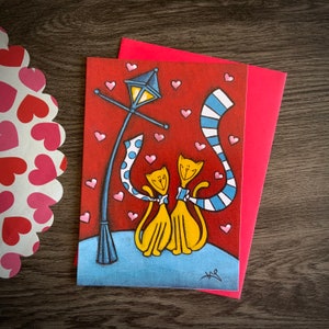 Valentine's Day cards theme of cat Boris, lover, street lamp, heart
