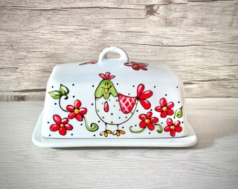 Ceramic butter dish red hen flowers