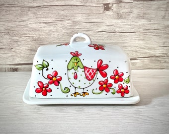 Red hen and flower ceramic butter dish