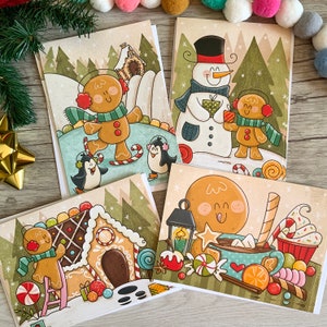 ensemble 8 cartes de Noël thème pain d’épices, bonhomme de neige,patin, pingouins, friandises ,neige