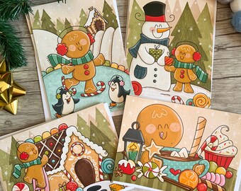 set of 8 Christmas cards with gingerbread, snowman, skating, penguins, sweets, snow theme