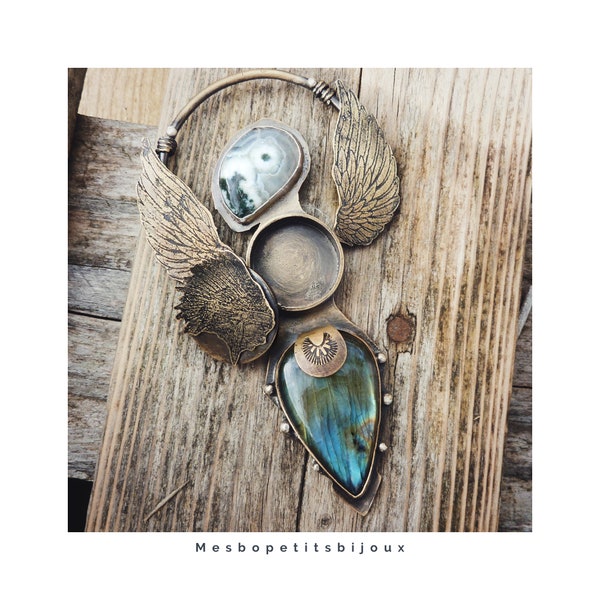 Pièce unique créateur  pendentif collier artisanal labradorite agate dendritique, bijou fantastique, coffre inspiration amérindienne,