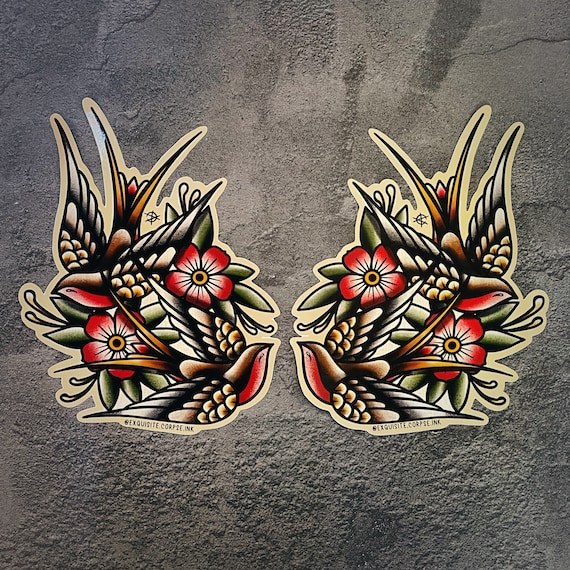 2 Large American Traditional Swallow Tattoo Mirror Facing Pair of Stickers