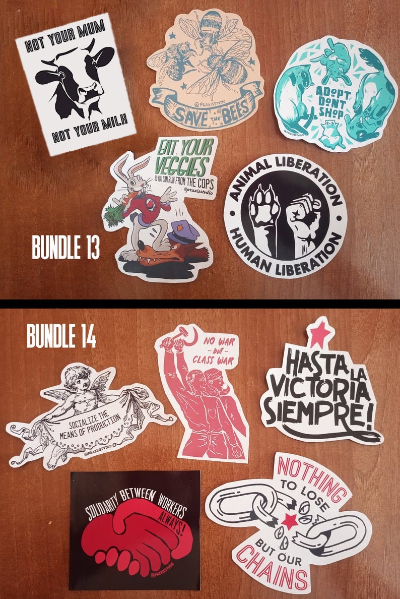 May include: A set of 14 stickers featuring various designs, including a cow, bees, a bunny, a wolf, a paw print, a chain, a handshake, and a communist symbol. The stickers are printed on white paper with black, red, and blue ink. The stickers are arranged in two rows, with the top row labeled "Bundle 13" and the bottom row labeled "Bundle 14".