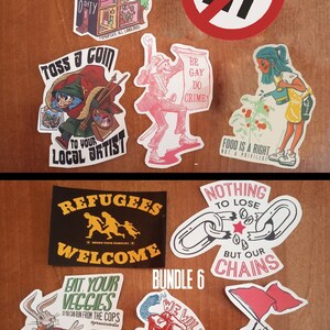 May include: Two sets of stickers, labeled "Bundle 5" and "Bundle 6". The stickers feature various designs, including a house, a swastika symbol with a red circle and a diagonal line through it, a cartoon character, a chain, a rabbit, a snake, and a group of people raising a flag.