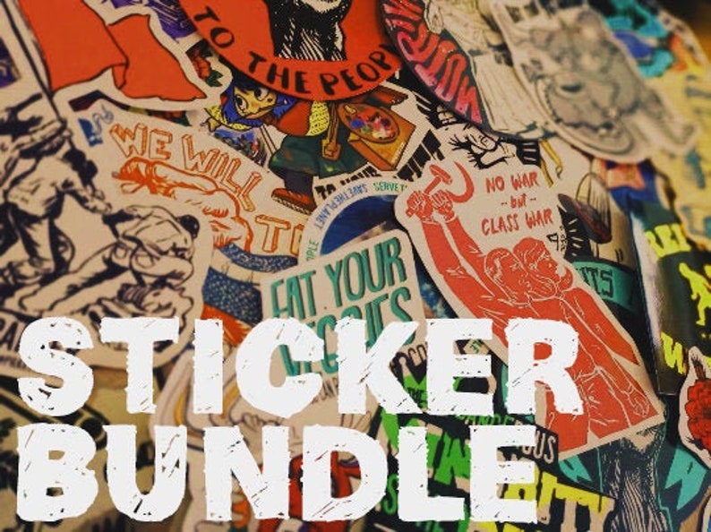 May include: A collection of colorful and diverse stickers with various designs and slogans. The stickers feature a variety of themes, including political, social, and cultural messages. The stickers are arranged in a random pattern, creating a visually appealing and eclectic display. The text "STICKER BUNDLE" is superimposed on the image.