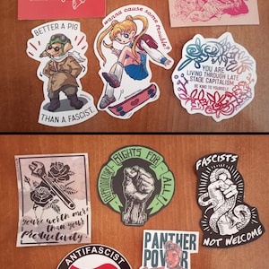 May include: Two sets of stickers with various designs. The first set includes stickers with images of a pig, a cartoon girl on a skateboard, a group of people, and a flower design. The second set includes stickers with images of a fist, a snake, a woman holding a bag, and a circle with a red flag.