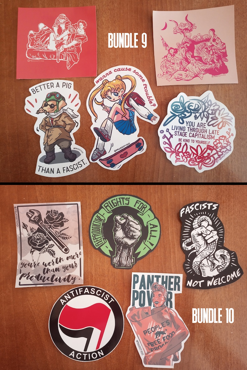 May include: Two sets of stickers with various designs. The first set includes stickers with images of a pig, a cartoon girl on a skateboard, a group of people, and a flower design. The second set includes stickers with images of a fist, a snake, a woman holding a bag, and a circle with a red flag.