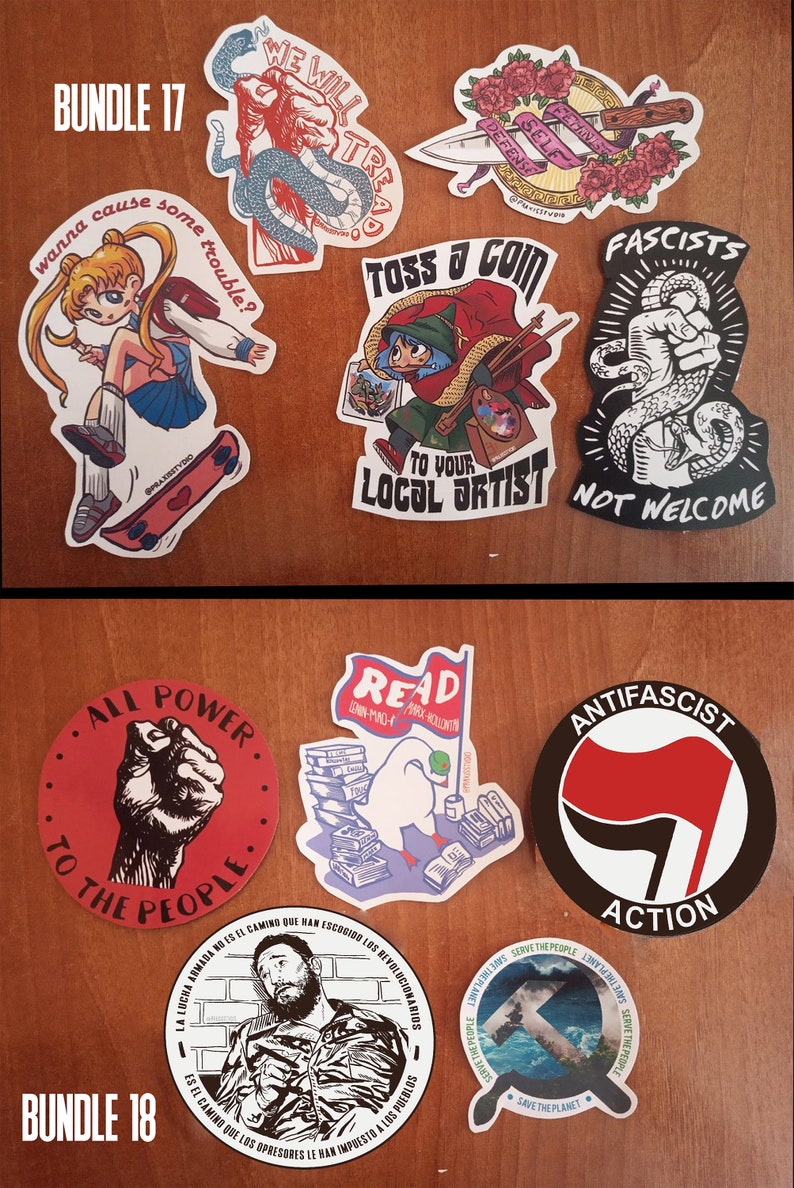 May include: Two sets of stickers, labeled "Bundle 17" and "Bundle 18". Bundle 17 includes stickers with images of a snake, a knife, a cartoon girl, a cartoon elf, and a fist with a snake. Bundle 18 includes stickers with images of a fist, a stack of books, a fist with a red flag, a man with a beard, and a blue wave.