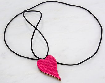 Pink and Red Heart Reversible Wooden Necklace, Wood Charm pendant, Minimalist jewelry, 5th Year Wedding Anniversary Gift, Unique gift