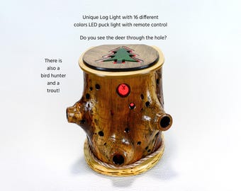 Rustic Spruce Log LED Light, Cool Table Lamp, Hidden Wildlife Scene Cabin Decor