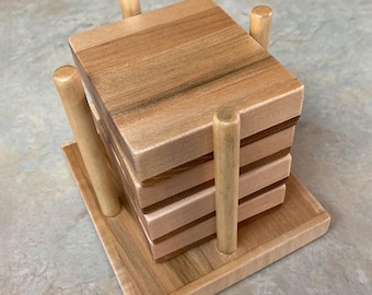 Handmade Oak and Maple Coaster Set with Holder