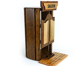Oak Whiskey Bar Caddy with Shot Glasses: Rustic Western Saloon Decor