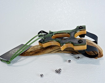 Wooden Sling Shot, The Hooligan, Green Mountain Camo Spectraply Wood, OOAK handmade Catapult, OTF Slingshot, Hunting Gift, Survivalist Gift