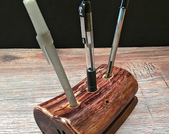 Handmade Maple Pencil Pen Holder: Black Cherry Finish, Walnut Base