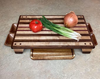 Walnut Maple Purple Heart Raised Cutting Board with Prep Bowls