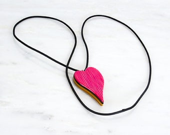 Reversible Pink and Red Heart Wood Pendant Necklace